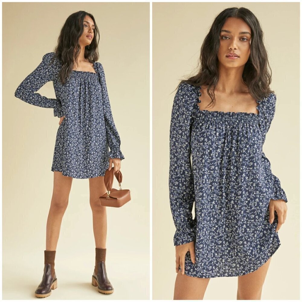 💕REFORMATION💕 The Hudsen Babydoll Dress Twilight Blue Micro Floral Print Small